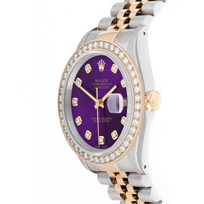 Rolex Datejust 36mm TWO TONE 16233 Purple Dial | Diamond Hour Markers | 2ct Diamond Bezel
