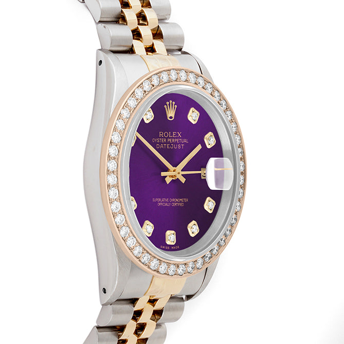 Rolex Datejust 36mm TWO TONE 16233 Purple Dial | Diamond Hour Markers | 2ct Diamond Bezel