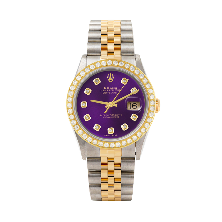 Rolex Datejust 36mm TWO TONE 16233 Purple Dial | Diamond Hour Markers | 2ct Diamond Bezel