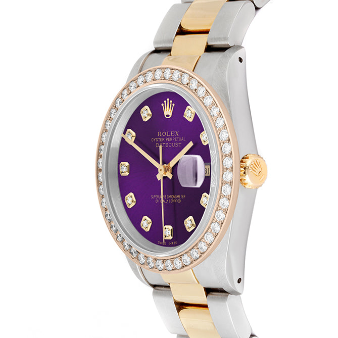Rolex Datejust 36mm TWO TONE 16233 Purple Dial | Diamond Hour Markers | 2ct Diamond Bezel