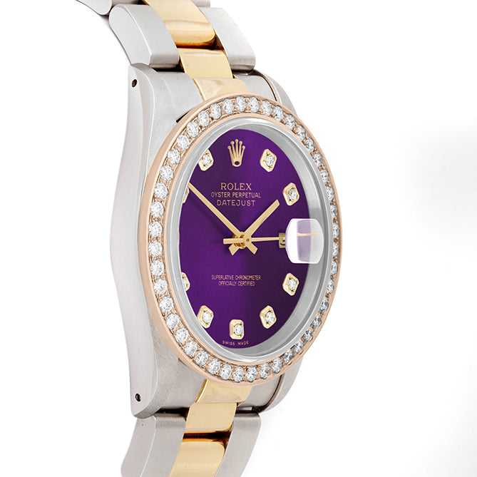 Rolex Datejust 36mm TWO TONE 16233 Purple Dial | Diamond Hour Markers | 2ct Diamond Bezel