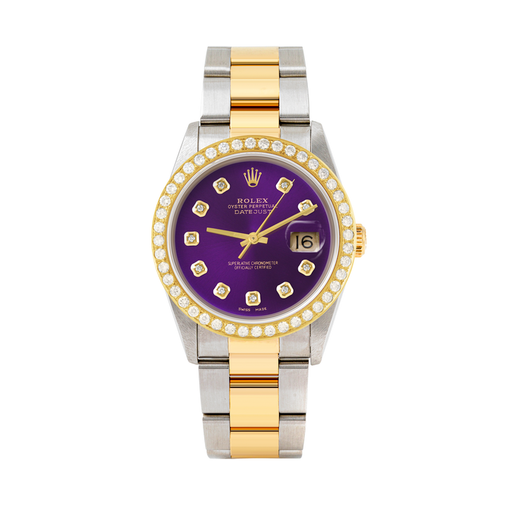 Rolex Datejust 36mm TWO TONE 16233 Purple Dial | Diamond Hour Markers | 2ct Diamond Bezel