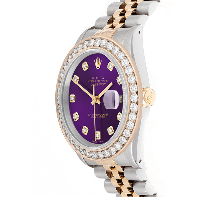 Rolex Datejust 36mm TWO TONE 16233 Purple Dial | Diamond Hour Markers | 2.5ct Diamond Bezel