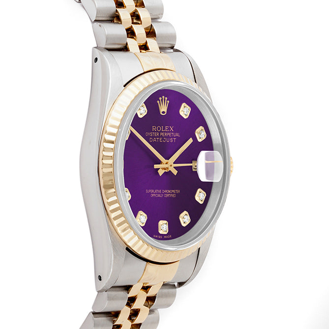 Rolex Datejust 36mm TWO TONE 16233 Purple Dial | Diamond Hour Markers | 2.5ct Diamond Bezel