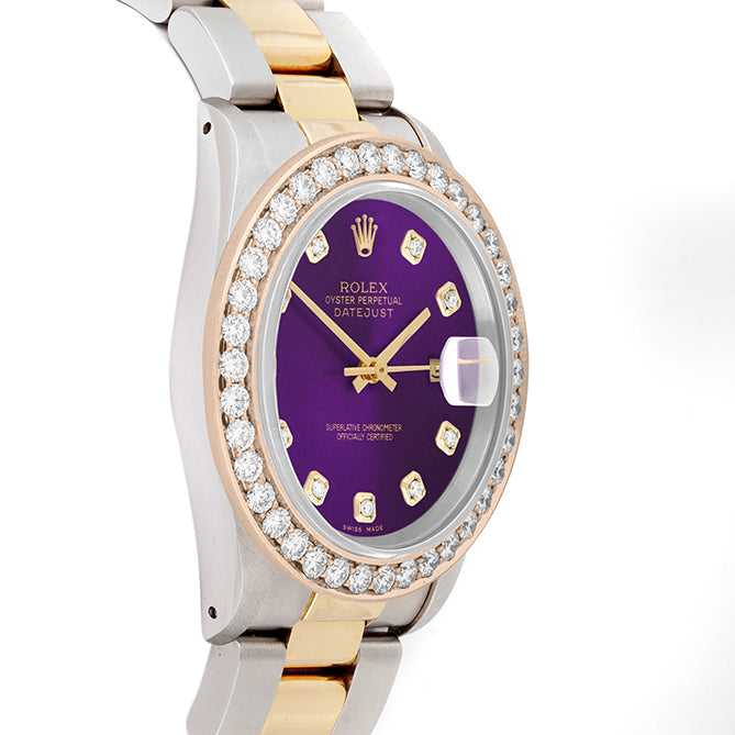 Rolex Datejust 36mm TWO TONE 16233 Purple Dial | Diamond Hour Markers | 2.5ct Diamond Bezel