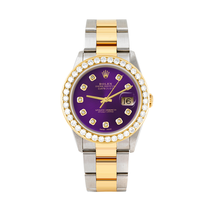 Rolex Datejust 36mm TWO TONE 16233 Purple Dial | Diamond Hour Markers | 2.5ct Diamond Bezel