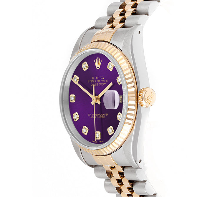 Rolex Datejust 36mm TWO TONE 16233 Purple  Dial | Diamond  Hour Markers | Fluted Bezel