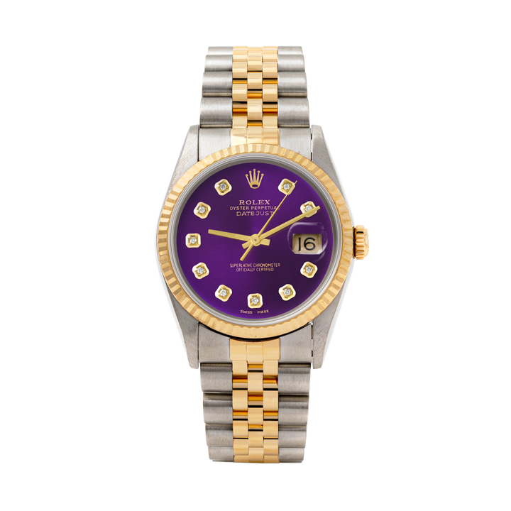 Rolex Datejust 36mm TWO TONE 16233 Purple  Dial | Diamond  Hour Markers | Fluted Bezel