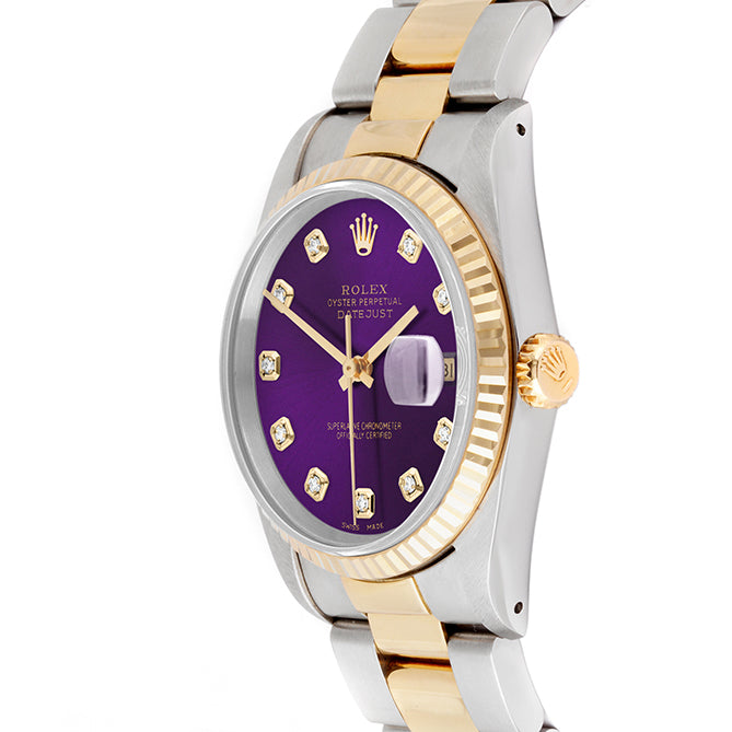 Rolex Datejust 36mm TWO TONE 16233 Purple  Dial | Diamond  Hour Markers | Fluted Bezel