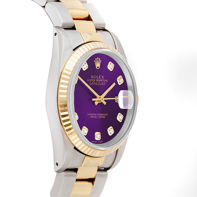 Rolex Datejust 36mm TWO TONE 16233 Purple  Dial | Diamond  Hour Markers | Fluted Bezel