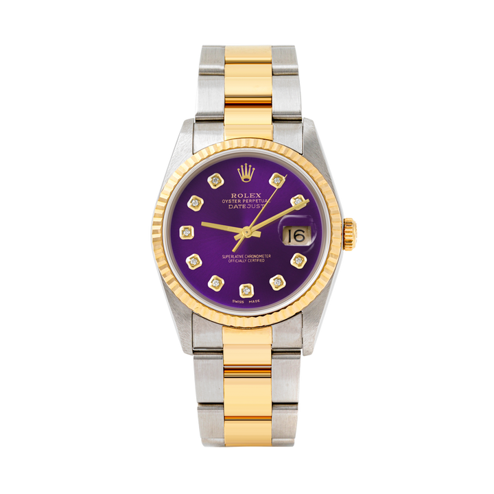 Rolex Datejust 36mm TWO TONE 16233 Purple  Dial | Diamond  Hour Markers | Fluted Bezel