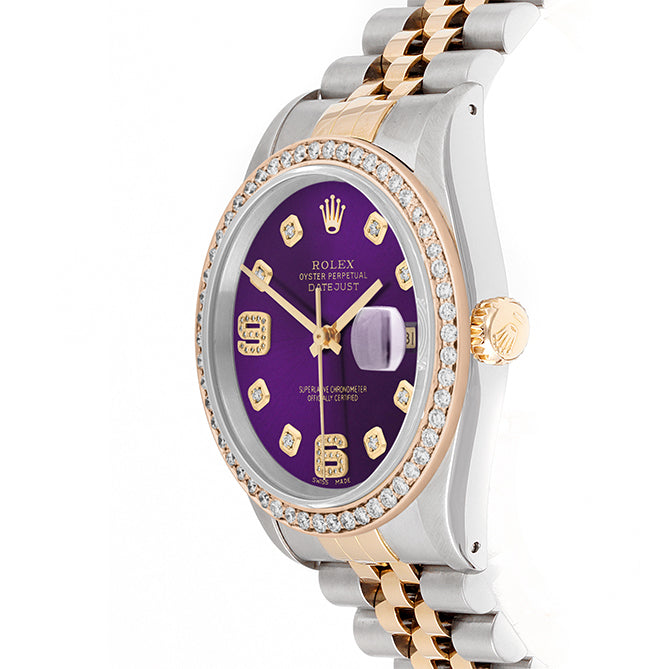 Rolex Datejust 36mm TWO TONE 16233 Purple Dial |  6&9 Diamond  Hour Markers | 1ct Diamond Bezel