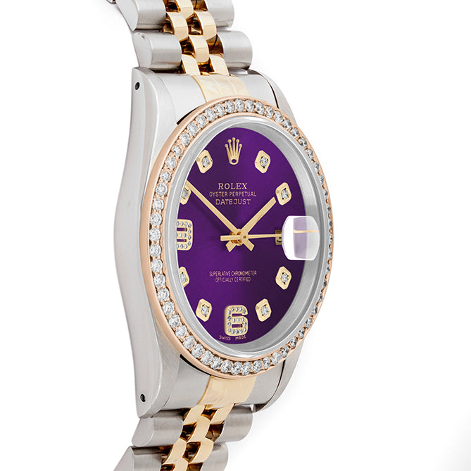 Rolex Datejust 36mm TWO TONE 16233 Purple Dial |  6&9 Diamond  Hour Markers | 1ct Diamond Bezel
