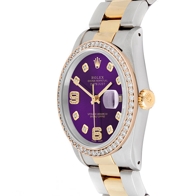 Rolex Datejust 36mm TWO TONE 16233 Purple Dial |  6&9 Diamond  Hour Markers | 1ct Diamond Bezel