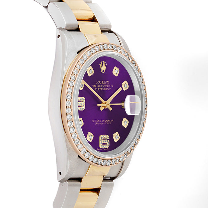 Rolex Datejust 36mm TWO TONE 16233 Purple Dial |  6&9 Diamond  Hour Markers | 1ct Diamond Bezel