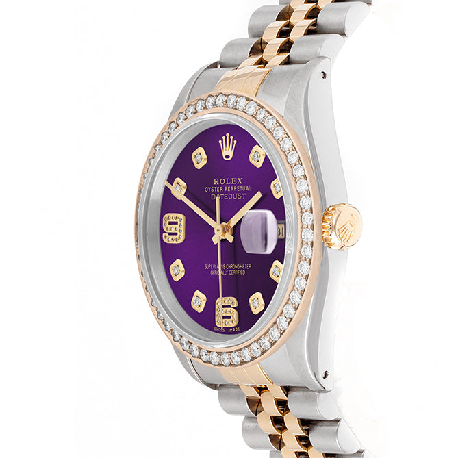 Rolex Datejust 36mm TWO TONE 16233 Purple  Dial | 6&9 Diamond Hour Markers | 1.8ct Diamond Bezel