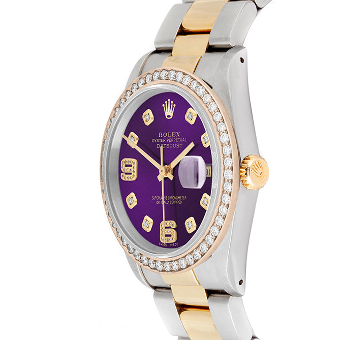 Rolex Datejust 36mm TWO TONE 16233 Purple  Dial | 6&9 Diamond Hour Markers | 1.8ct Diamond Bezel