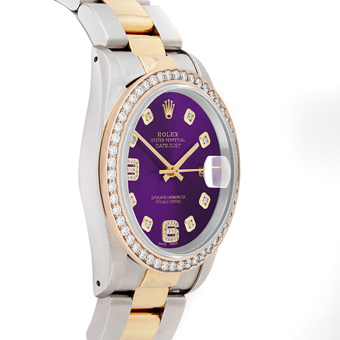 Rolex Datejust 36mm TWO TONE 16233 Purple  Dial | 6&9 Diamond Hour Markers | 1.8ct Diamond Bezel