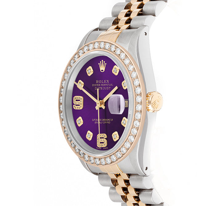 Rolex Datejust 36mm TWO TONE 16233 Purple  Dial |  6&9 Diamond  Hour Markers | 2ct Diamond Bezel