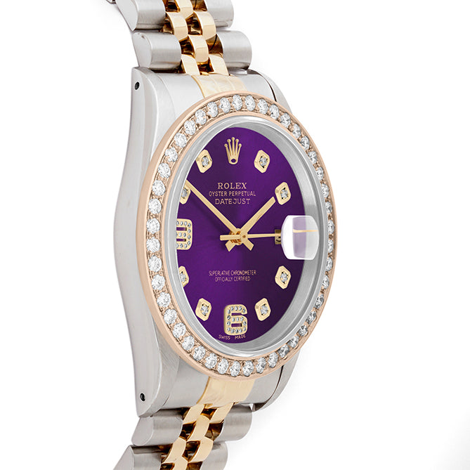 Rolex Datejust 36mm TWO TONE 16233 Purple  Dial |  6&9 Diamond  Hour Markers | 2ct Diamond Bezel