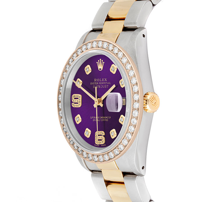 Rolex Datejust 36mm TWO TONE 16233 Purple  Dial |  6&9 Diamond  Hour Markers | 2ct Diamond Bezel