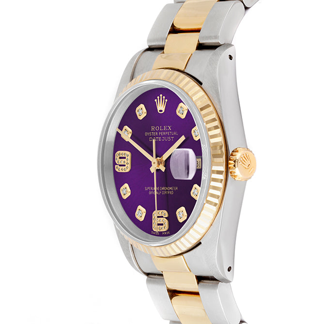 Rolex Datejust 36mm TWO TONE 16233 Purple Dial | 6&9 Diamond  Hour Markers | Fluted Bezel