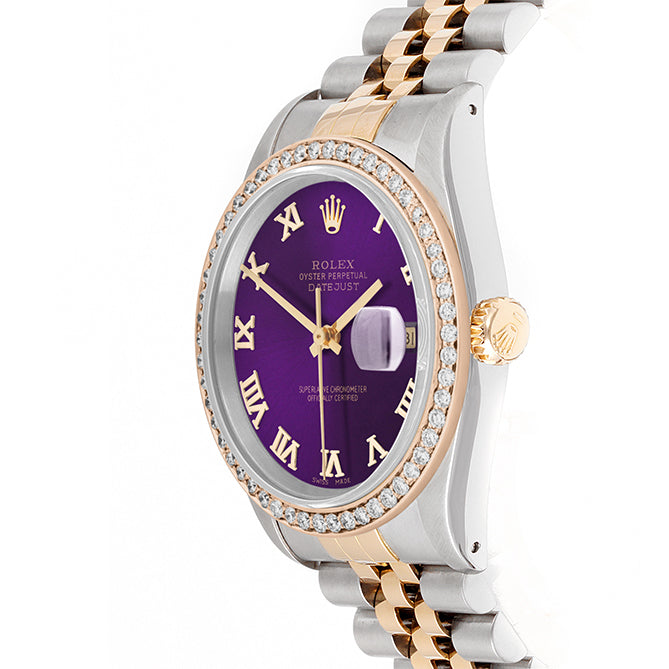 Rolex Datejust 36mm TWO TONE 16233 Purple Dial | Roman Hour Markers | 1ct Diamond Bezel