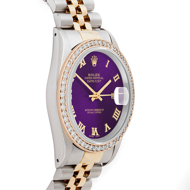 Rolex Datejust 36mm TWO TONE 16233 Purple Dial | Roman Hour Markers | 1ct Diamond Bezel