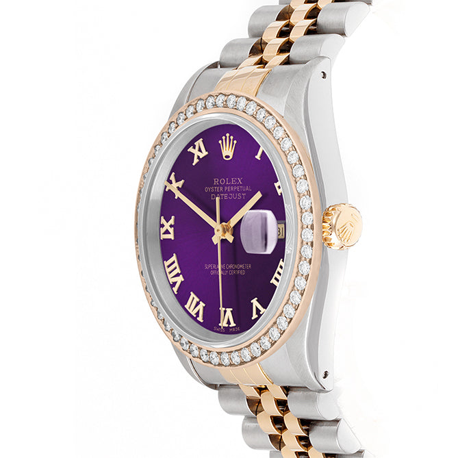 Rolex Datejust 36mm TWO TONE 16233 Purple Dial | Roman Hour Markers | 1.8ct Diamond Bezel