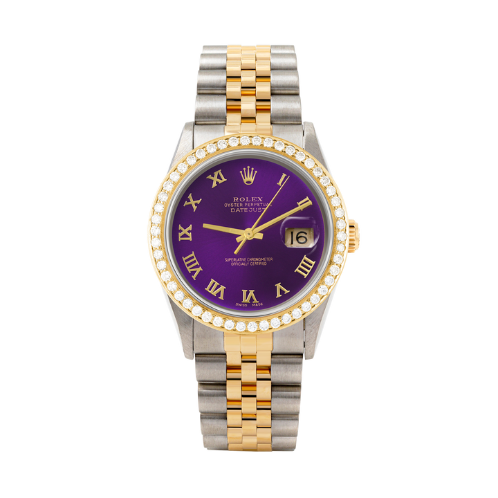Rolex Datejust 36mm TWO TONE 16233 Purple Dial | Roman Hour Markers | 1.8ct Diamond Bezel