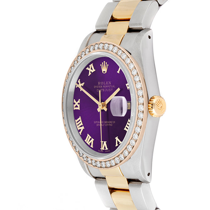 Rolex Datejust 36mm TWO TONE 16233 Purple Dial | Roman Hour Markers | 1.8ct Diamond Bezel