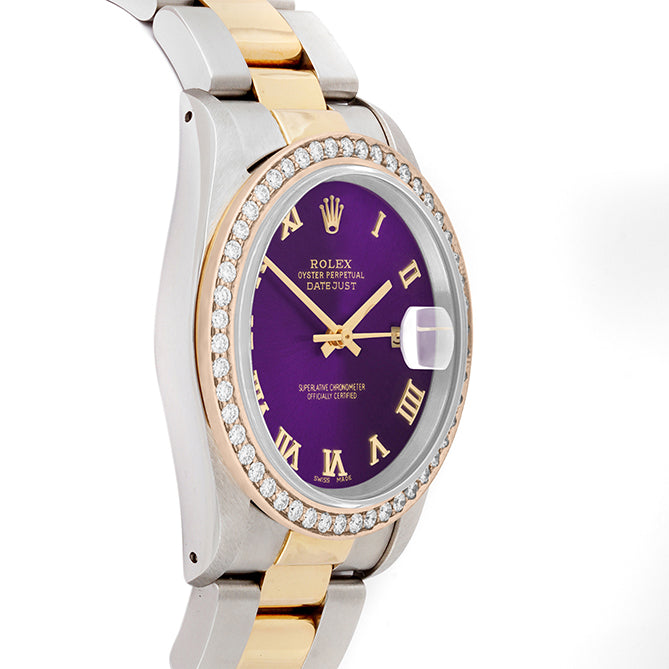 Rolex Datejust 36mm TWO TONE 16233 Purple Dial | Roman Hour Markers | 1.8ct Diamond Bezel