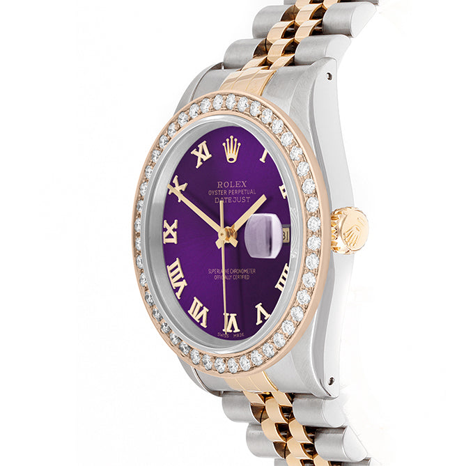 Rolex Datejust 36mm TWO TONE 16233  Purple Dial | Roman Hour Markers | 2ct Diamond Bezel