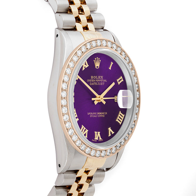 Rolex Datejust 36mm TWO TONE 16233  Purple Dial | Roman Hour Markers | 2ct Diamond Bezel