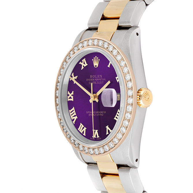 Rolex Datejust 36mm TWO TONE 16233  Purple Dial | Roman Hour Markers | 2ct Diamond Bezel