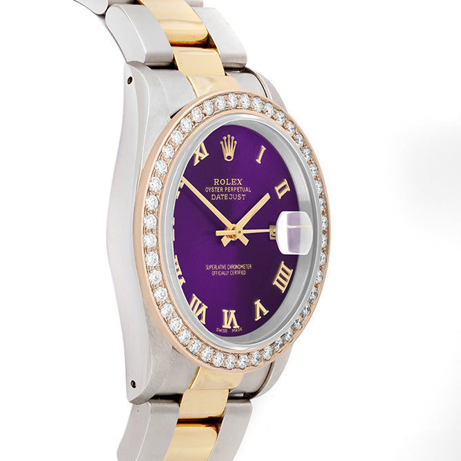 Rolex Datejust 36mm TWO TONE 16233  Purple Dial | Roman Hour Markers | 2ct Diamond Bezel