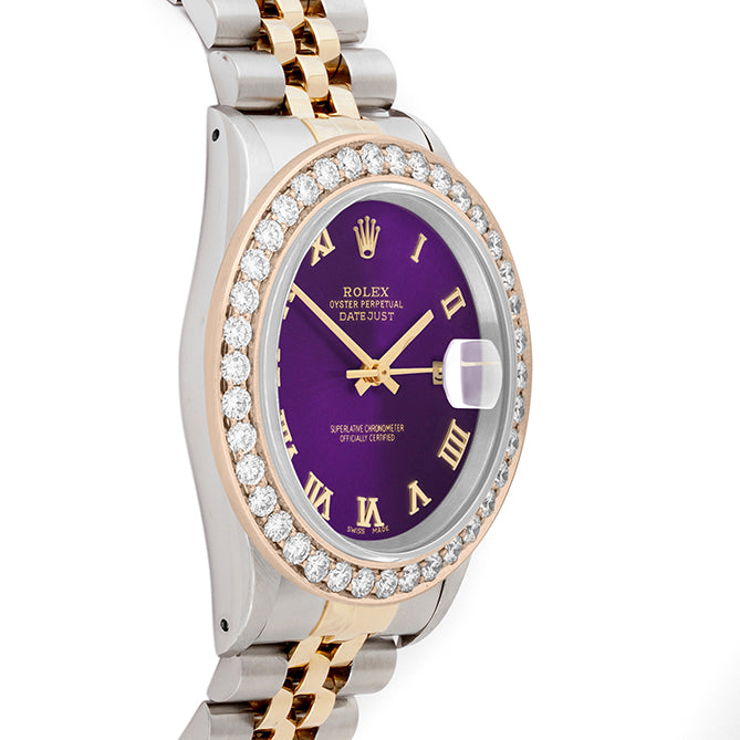 Rolex Datejust 36mm TWO TONE 16233  Purple  Dial | Stick Hour Markers | 2.5ct Diamond Bezel