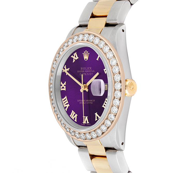 Rolex Datejust 36mm TWO TONE 16233 Purple Dial | Diamond Hour Markers | 2.5ct Diamond Bezel