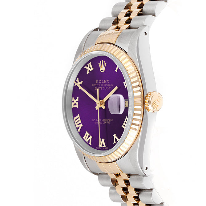 Rolex Datejust 36mm TWO TONE 16233 Purple Dial | Roman Hour Markers | Fluted Bezel