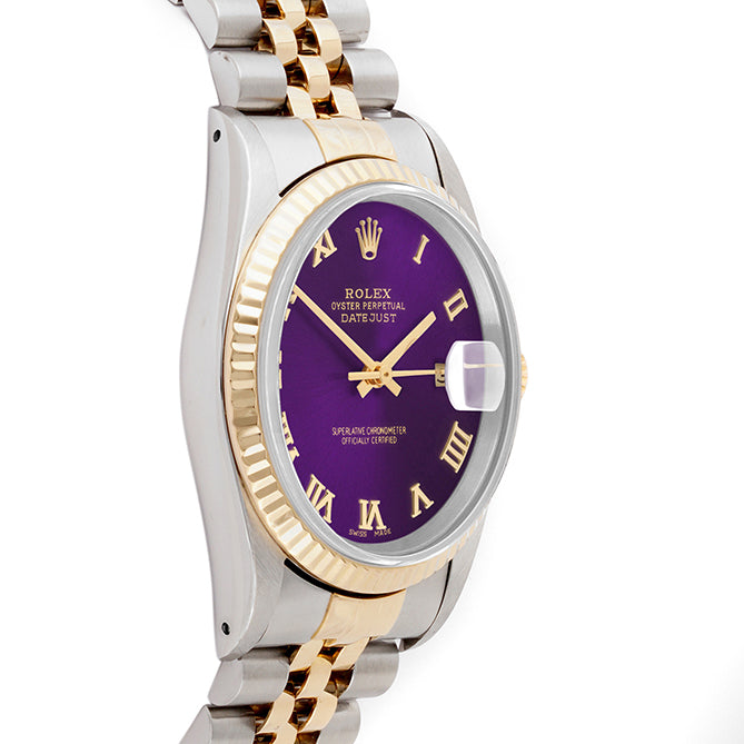 Rolex Datejust 36mm TWO TONE 16233 Purple Dial | Roman Hour Markers | Fluted Bezel