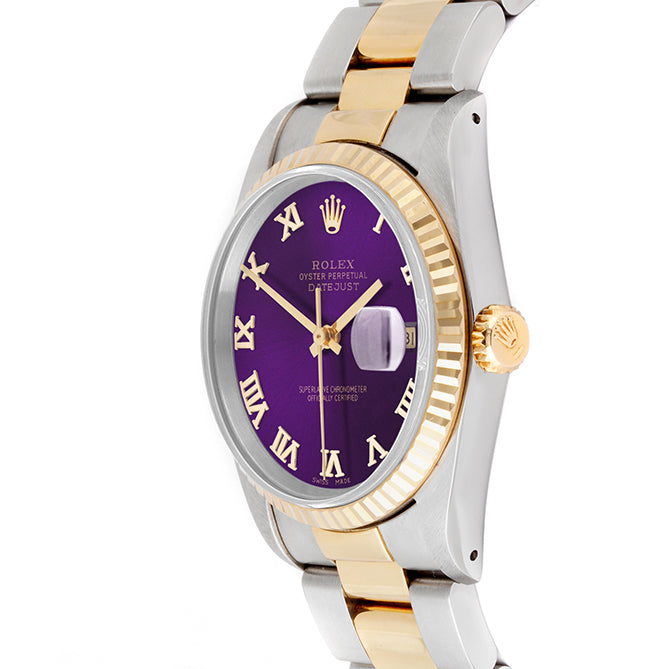 Rolex Datejust 36mm TWO TONE 16233 Purple Dial | Roman Hour Markers | Fluted Bezel