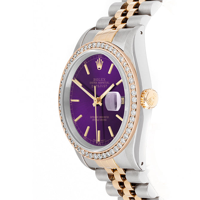 Rolex Datejust 36mm TWO TONE 16233 Purple Dial | 6&9 Diamond Hour Markers | 2.5ct Diamond Bezel