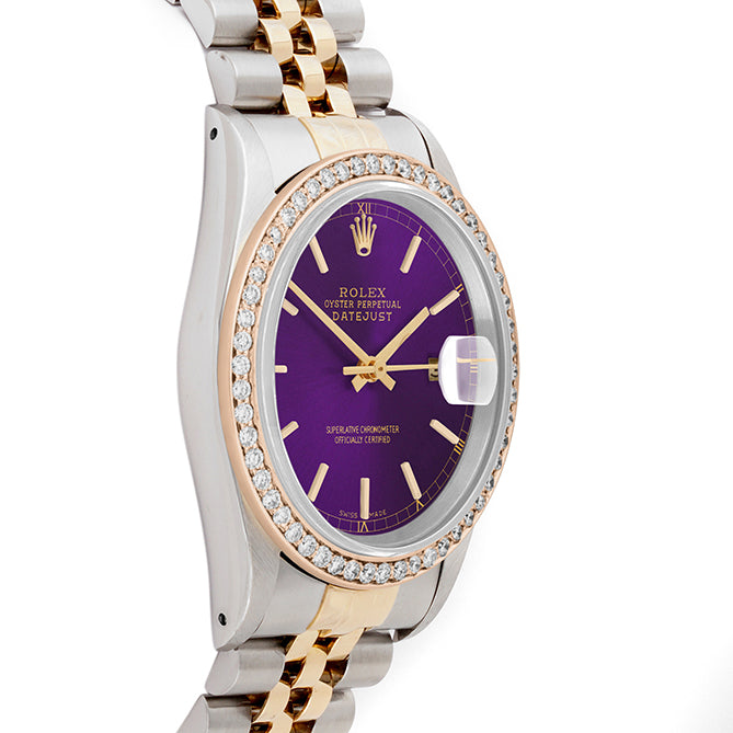 Rolex Datejust 36mm TWO TONE 16233 Purple Dial | 6&9 Diamond Hour Markers | 2.5ct Diamond Bezel