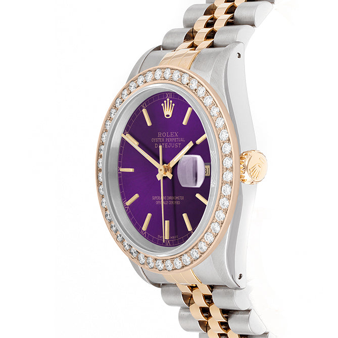 Rolex Datejust 36mm TWO TONE 16233 Purple Dial | Stick Hour Markers | 2ct Diamond Bezel