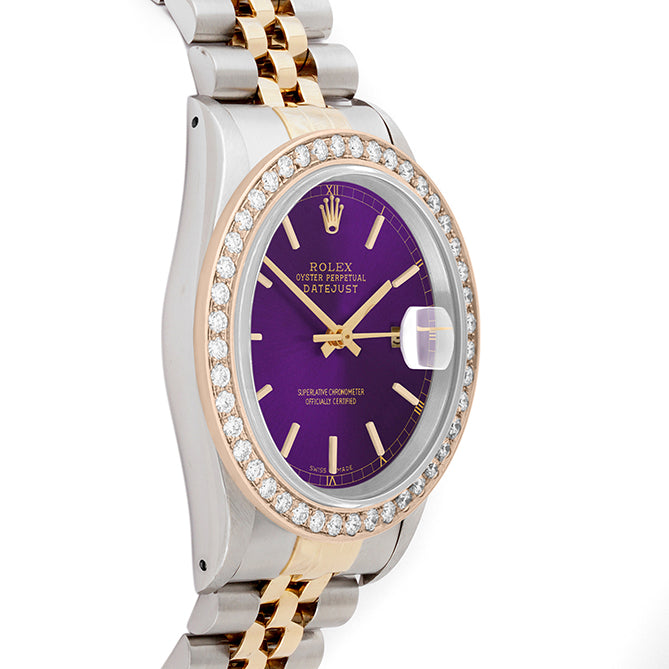 Rolex Datejust 36mm TWO TONE 16233 Purple Dial | Stick Hour Markers | 2ct Diamond Bezel