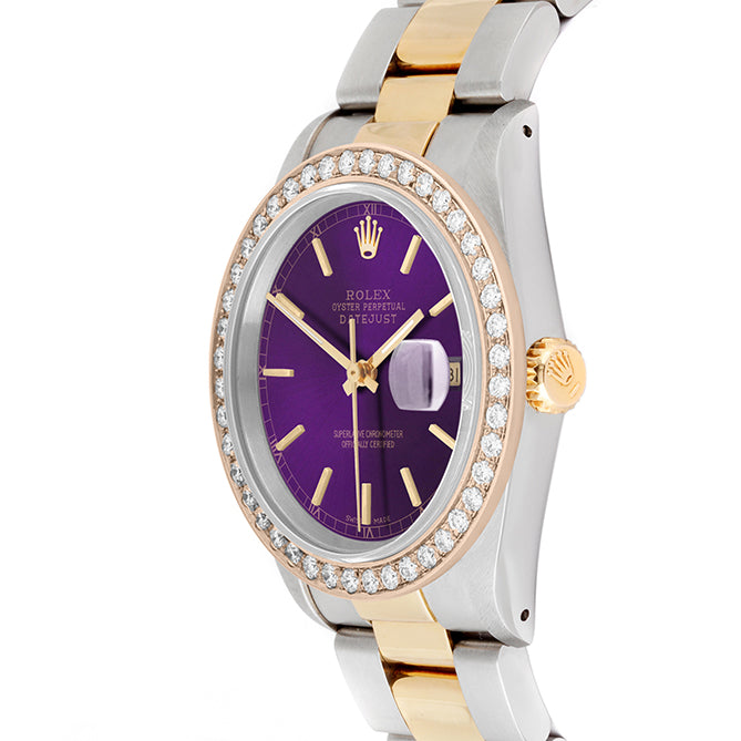 Rolex Datejust 36mm TWO TONE 16233 Purple Dial | Stick Hour Markers | 2ct Diamond Bezel