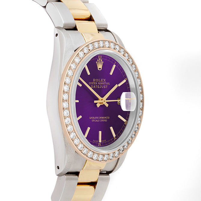 Rolex Datejust 36mm TWO TONE 16233 Purple Dial | Stick Hour Markers | 2ct Diamond Bezel