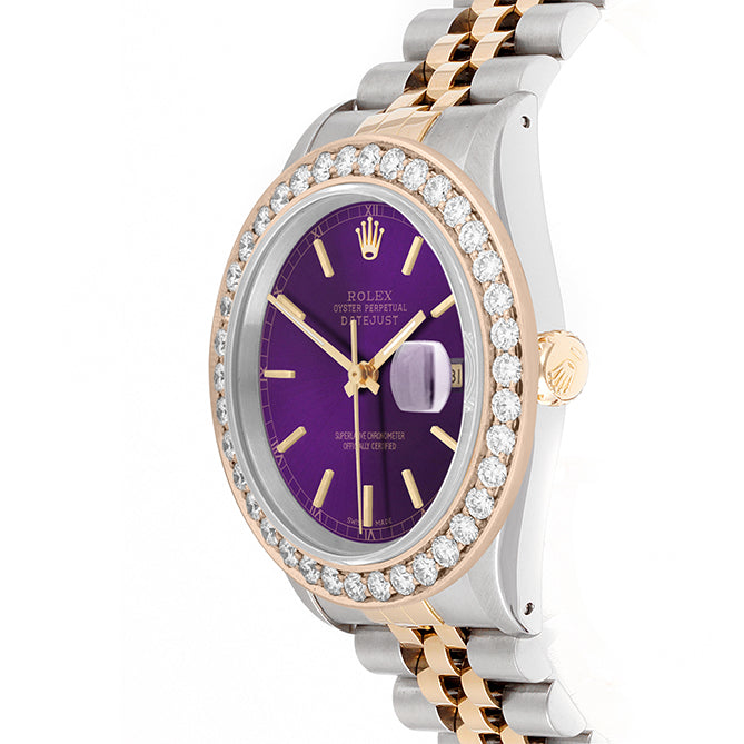 Rolex Datejust 36mm TWO TONE 16233  Purple  Dial | Stick Hour Markers | 2.5ct Diamond Bezel