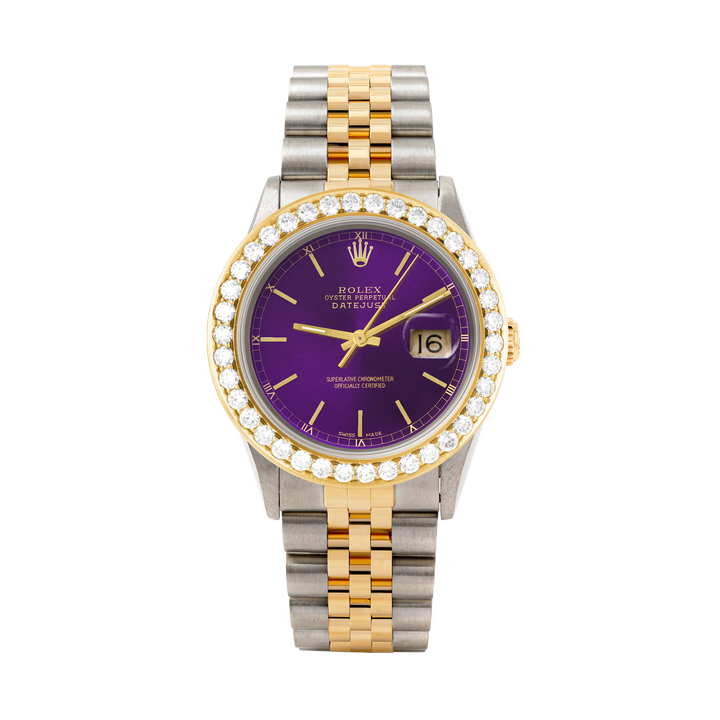 Rolex Datejust 36mm TWO TONE 16233  Purple  Dial | Stick Hour Markers | 2.5ct Diamond Bezel