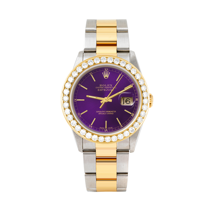 Rolex Datejust 36mm TWO TONE 16233  Purple  Dial | Stick Hour Markers | 2.5ct Diamond Bezel